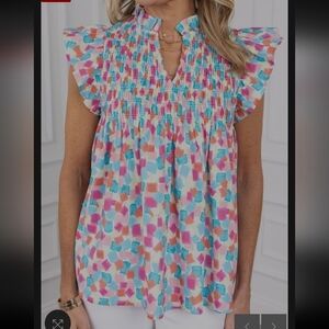Sky Blue Shirred Yoke Ruffled Abstract Printed Blouse. Stretchy. Size M